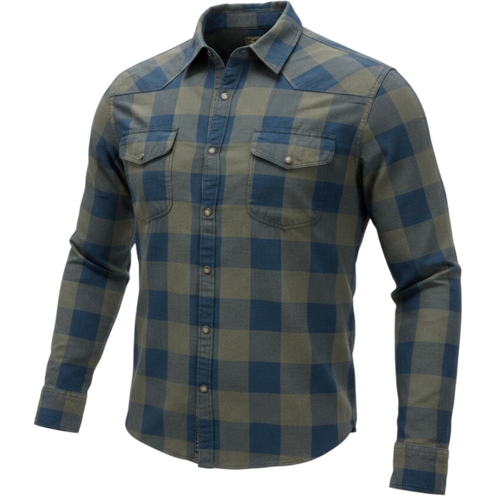 Lucky Brand Mens XL Western Pearl Snap Shirt Buffalo Plaid Olive Green Navy Blue